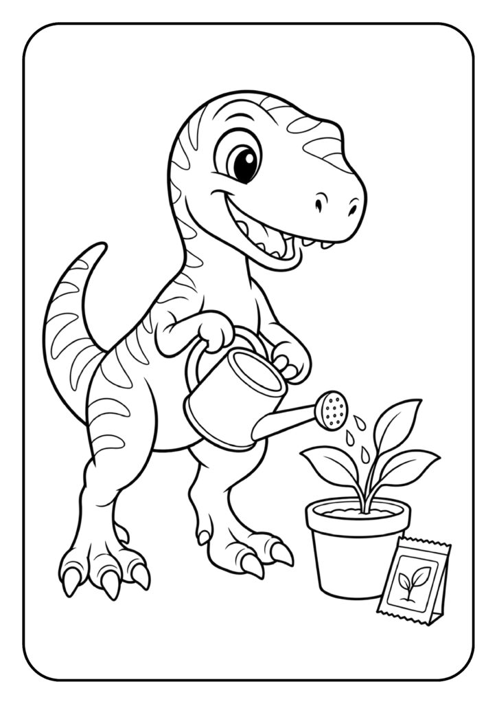 Schattige cartoon dinosaurus die een plant water geeft kleurplaat voor kinderen
