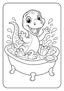 Kleurplaat van een schattige cartoon dinosaurus die blij spettert in een badkuip met een rubberen eendje