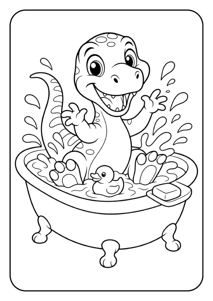 Kleurplaat van een schattige cartoon dinosaurus die blij spettert in een badkuip met een rubberen eendje