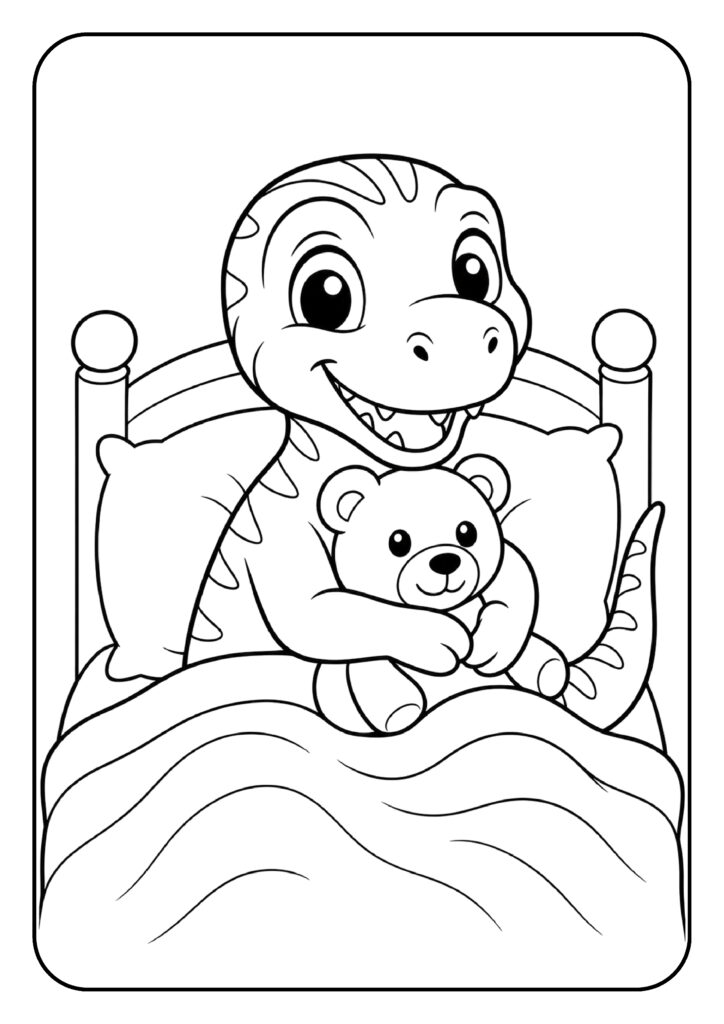 Kleurplaat van een schattige baby dinosaurus die een teddybeer knuffelt terwijl hij in bed zit.