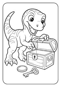 Schattige cartoon T-Rex dinosaurus die vrolijk een schatkist opent met een sleutel en munt op de grond, kleurplaat voor kinderen.