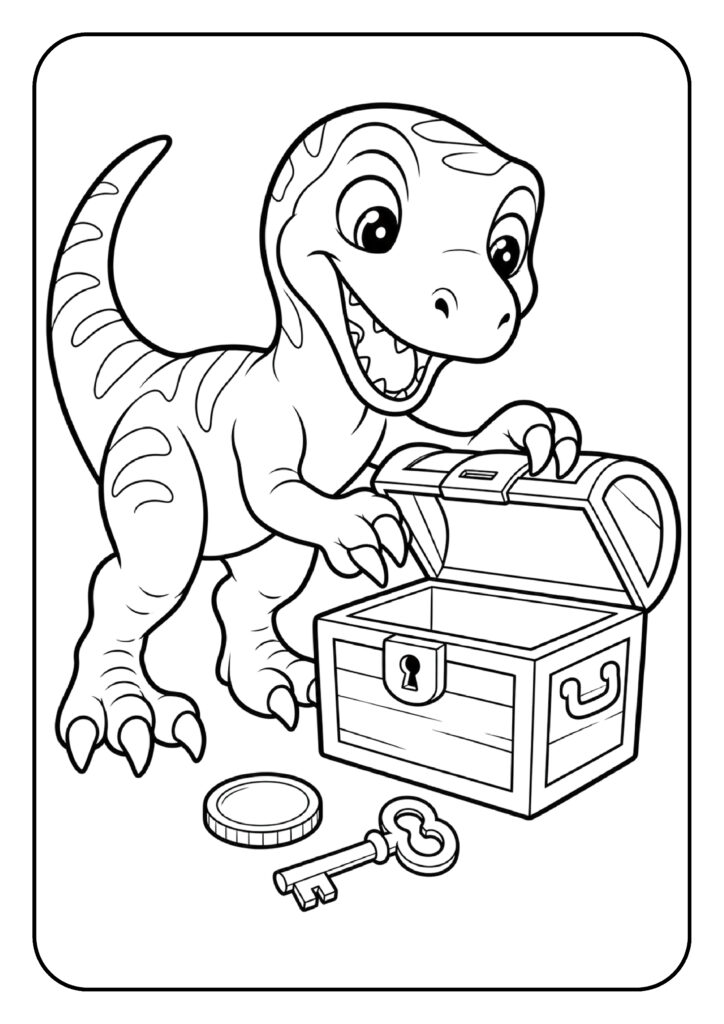 Schattige cartoon T-Rex dinosaurus die vrolijk een schatkist opent met een sleutel en munt op de grond, kleurplaat voor kinderen.