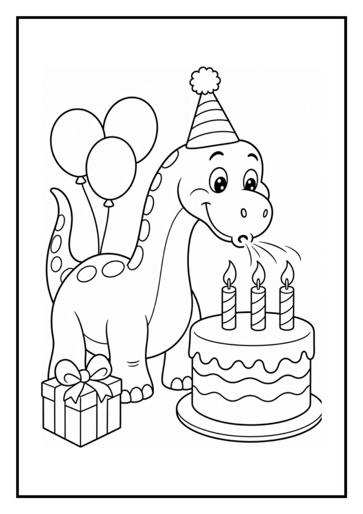 Kleurplaat van een schattige dinosaurus met een verjaardagsmuts, die kaarsen uitblaast op een taart met ballonnen en een cadeau erbij.