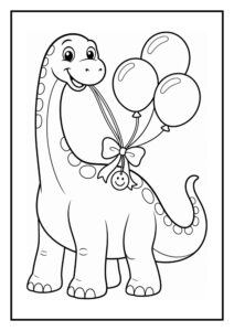 Schattige kleurplaat van een dinosaurus die ballonnen vasthoudt, geschikt voor jonge kinderen.