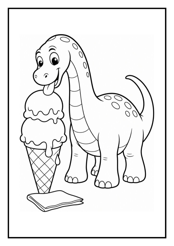 Leuke kleurplaat van een schattige onbekende dinosaurus die een groot ijsje likt.