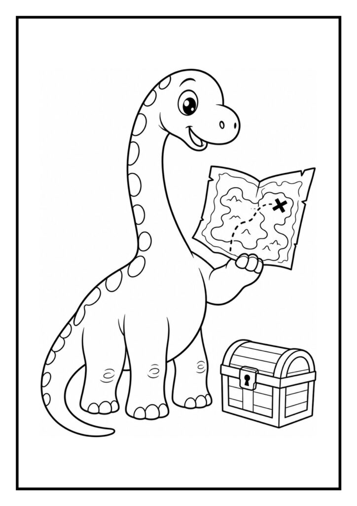 Leuke kleurplaat van een schattige dinosaurus die een schatkaart vasthoudt met een schatkist naast zich.