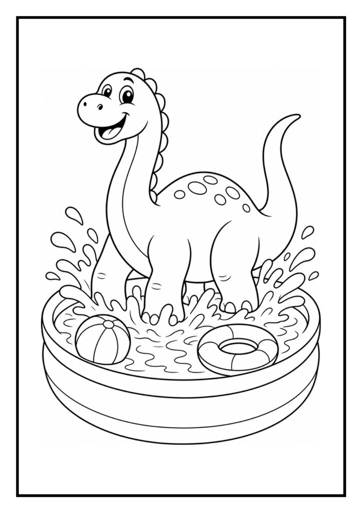 Schattige dinosaurus die vrolijk in een zwembad speelt met een strandbal en een zwemband