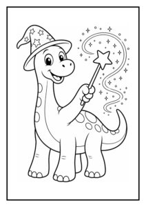 Leuke kleurplaat van een vrolijke dinosaurus met een toverhoed en een toverstaf die magie maakt.
