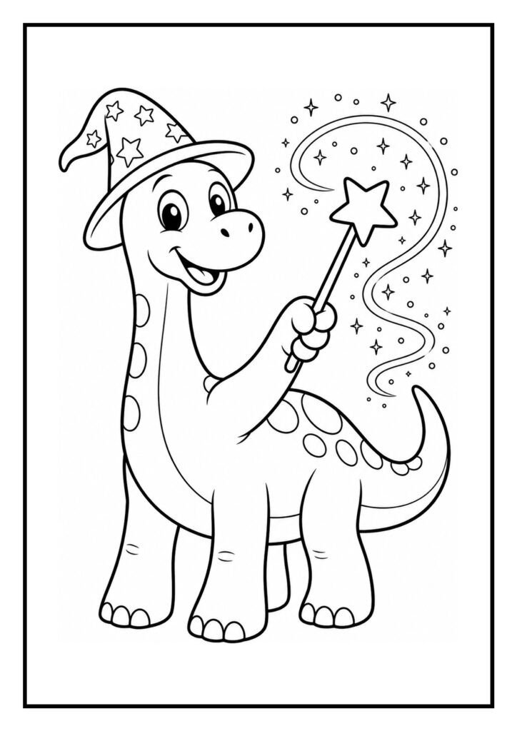 Leuke kleurplaat van een vrolijke dinosaurus met een toverhoed en een toverstaf die magie maakt.