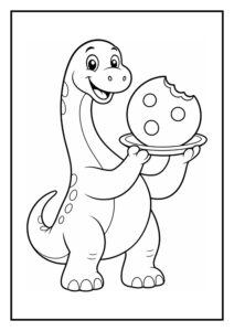 Leuke kleurplaat van een vrolijke onbekende dinosaurus die een bord met een hap uit een koekje vasthoudt.