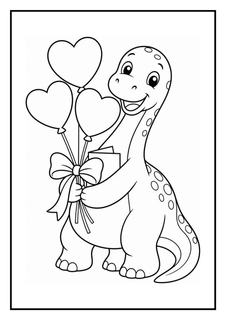 Leuke kleurplaat van een schattige dinosaurus die hartvormige ballonnen vasthoudt en lacht.