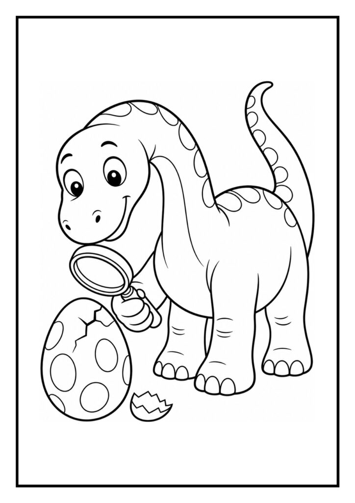 Leuke kleurplaat van een schattige dinosaurus die met een vergrootglas naar een gebarsten ei kijkt.