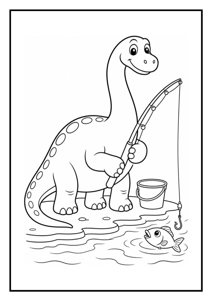 Kleurplaat van een schattige dinosaurus die vrolijk met een hengel vist bij het water