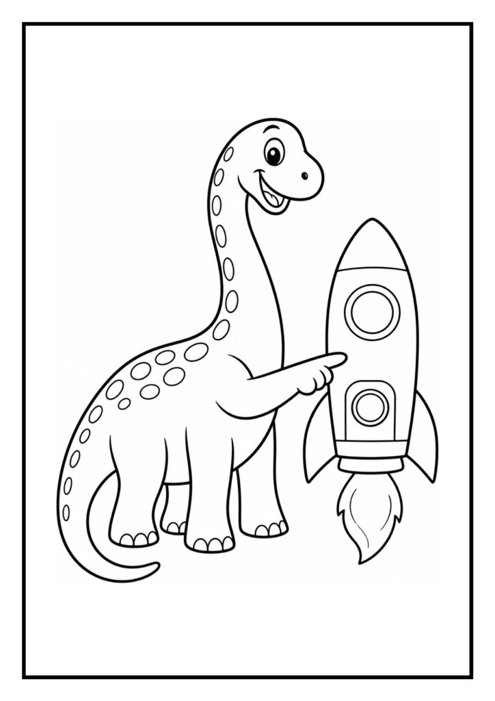 Leuke kleurplaat van een vrolijke diplodocus die naar een raket wijst.