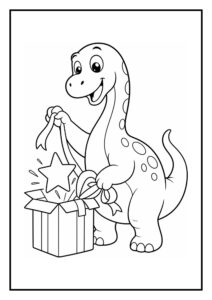 Vrolijke kleurplaat van een schattige onbekende dinosaurus die een cadeau met een ster uitpakt