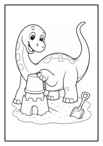 Leuke kleurplaat van een vrolijke dinosaurus die een zandkasteel bouwt met een schepje in het zand