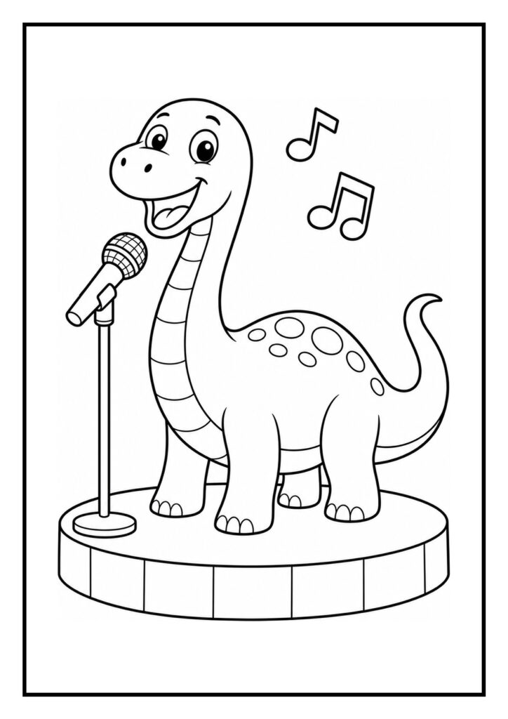 Leuke kleurplaat van een vrolijke diplodocus die zingt bij een microfoon.