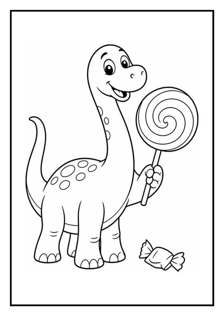 Leuke kleurplaat van een vrolijke dinosaurus die een grote lolly vasthoudt.