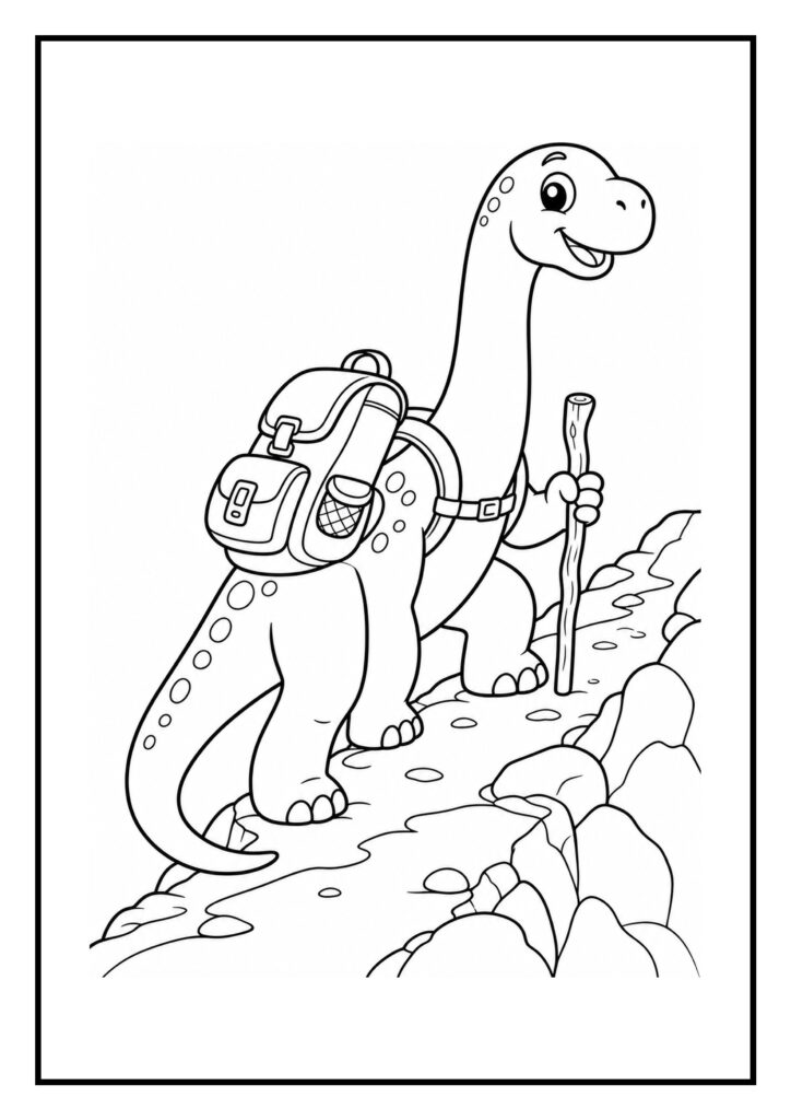 Leuke kleurplaat van een vrolijke diplodocus met een rugzak en een wandelstok op een rotsachtig pad.