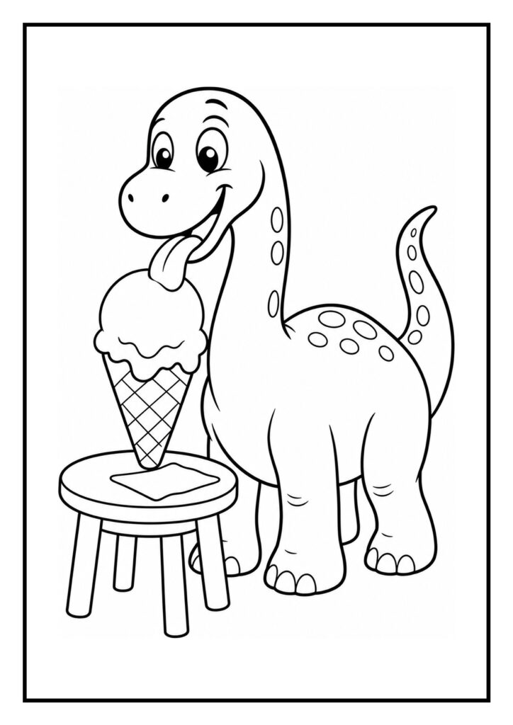 Leuke kleurplaat van een vrolijke dinosaurus die een ijsje likt op een tafeltje.
