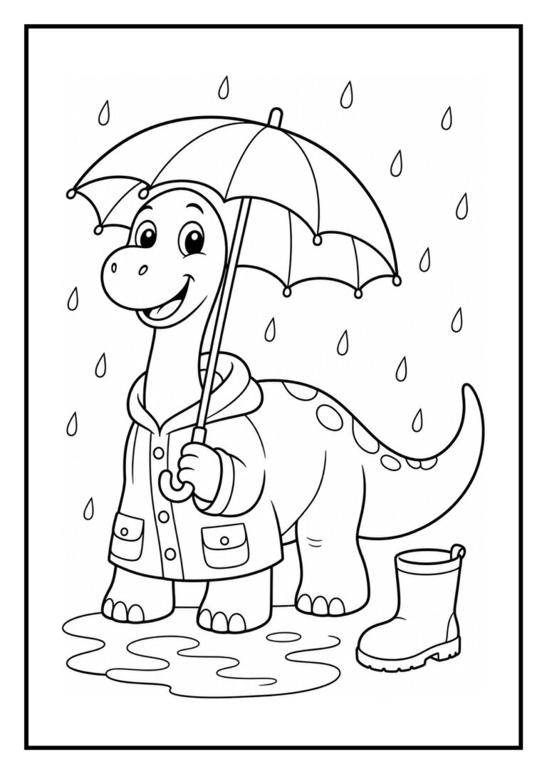 Kleurplaat van een vrolijke dinosaurus die een paraplu vasthoudt en een regenjas draagt tijdens regen.