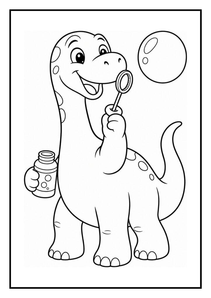 Leuke kleurplaat van een vrolijke onbekende dinosaurus die bellen blaast, geschikt voor jonge kinderen.