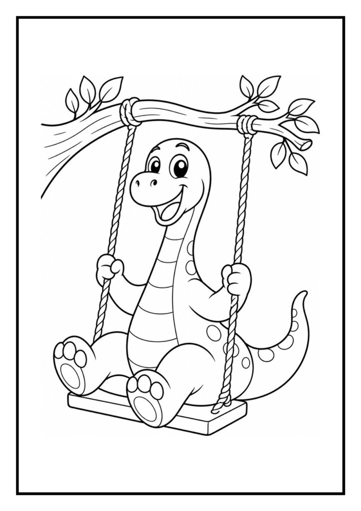 Leuke kleurplaat van een vrolijke dinosaurus die op een schommel hangt aan een boomtak in het bos.