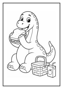 Leuke kleurplaat van een vrolijke dinosaurus die een boterham eet tijdens een picknick