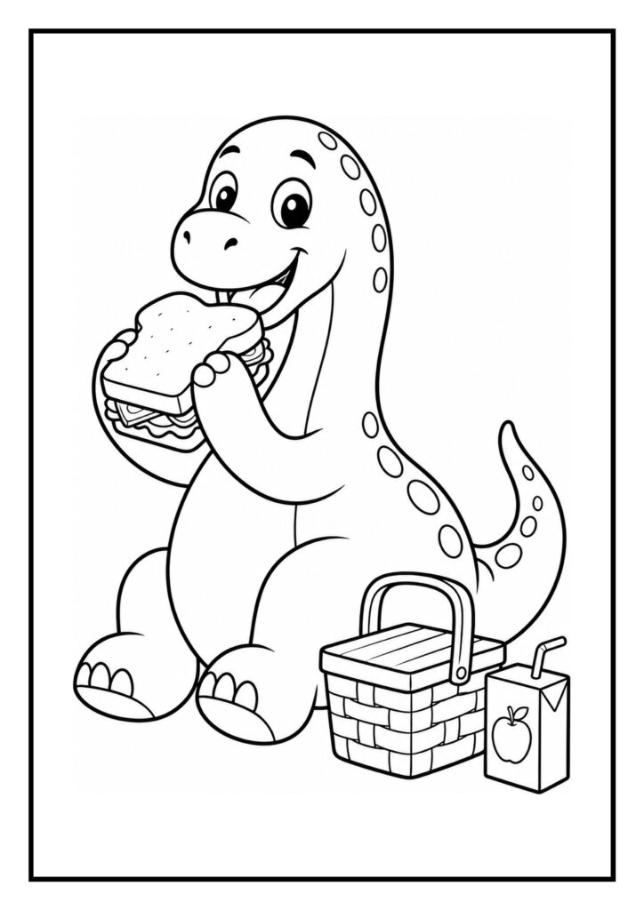 Leuke kleurplaat van een vrolijke dinosaurus die een boterham eet tijdens een picknick