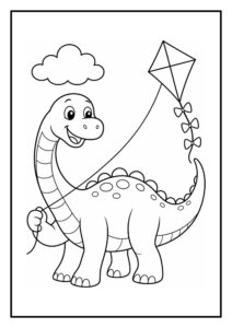Leuke kleurplaat van een vrolijke diplodocus die een vlieger vasthoudt onder een wolk