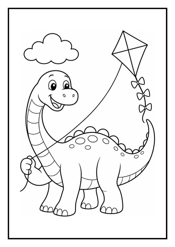 Leuke kleurplaat van een vrolijke diplodocus die een vlieger vasthoudt onder een wolk