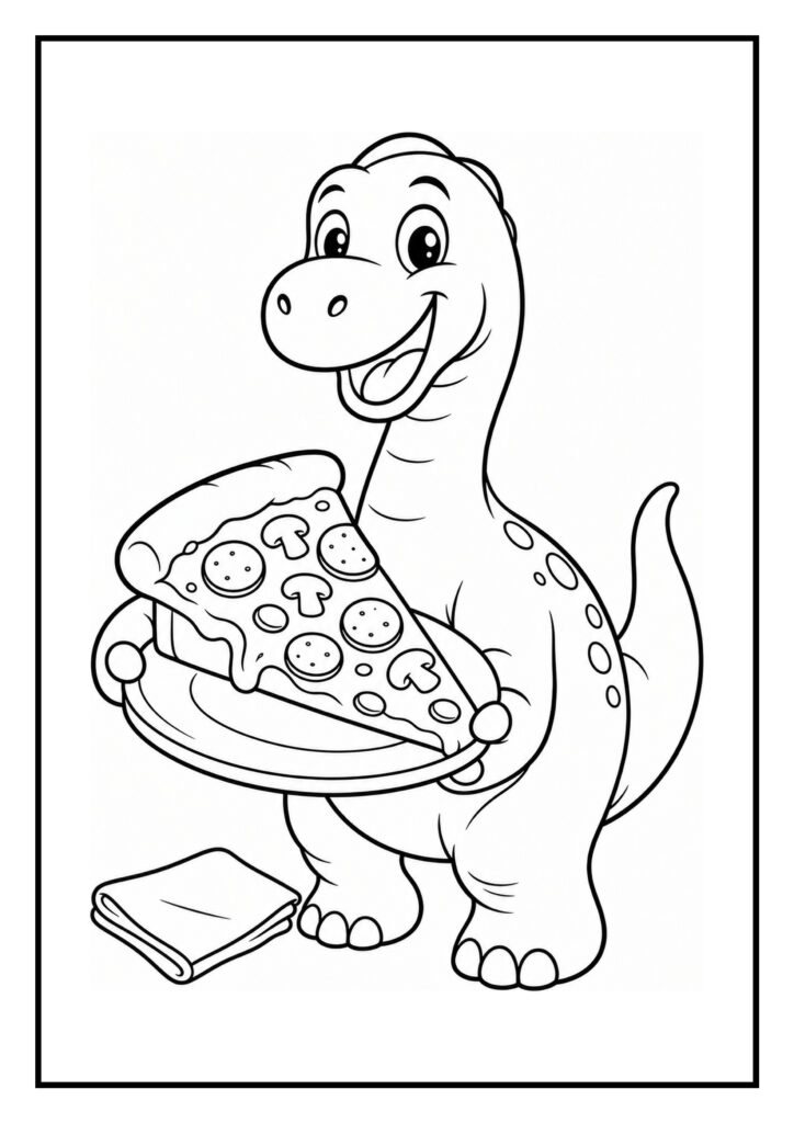 Leuke kleurplaat van een vrolijke schattige dinosaurus die een pizza vasthoudt.