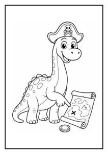 Leuke kleurplaat van een vrolijke dinosaurus met een piraatshoed die wijst naar een schatkaart