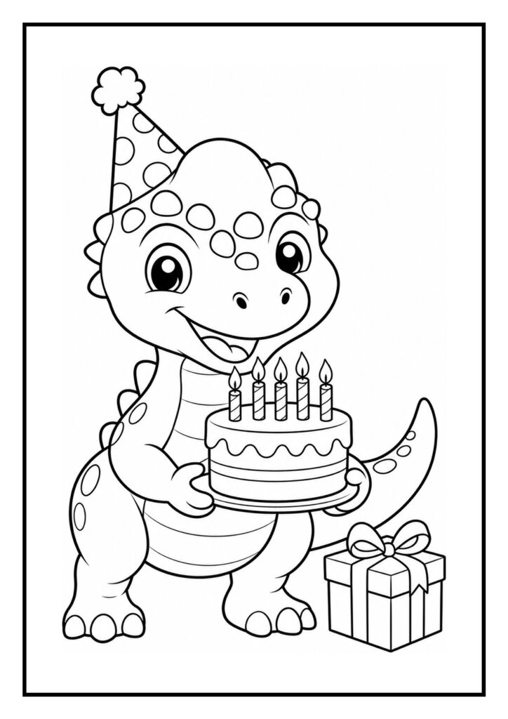 Vrolijke dinosaurus kleurplaat met een feesthoed die een verjaardagstaart en cadeau vasthoudt