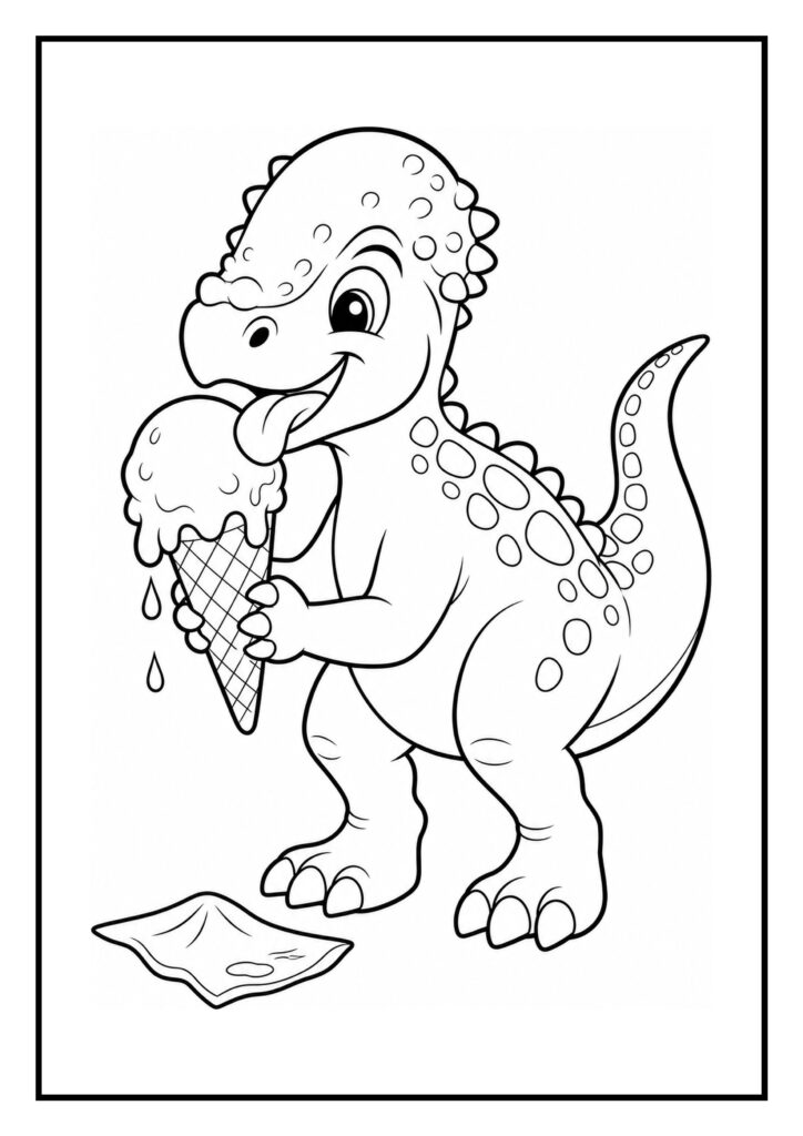 Leuke kleurplaat van een vrolijke, schattige dinosaurus die een ijsje eet, geschikt voor kleuters.