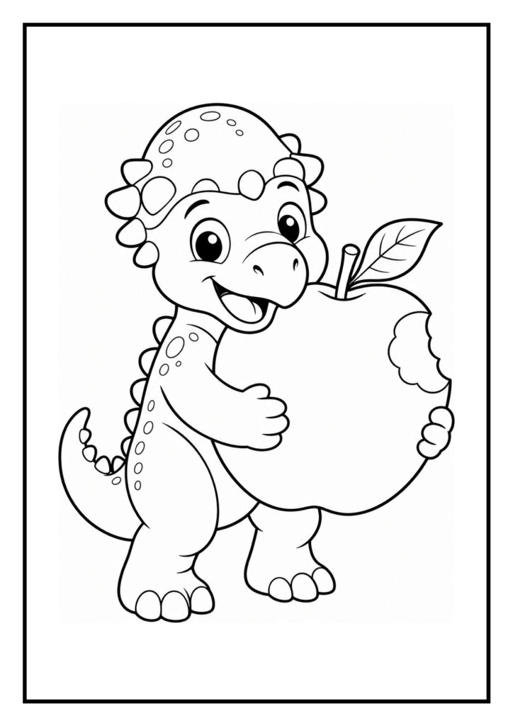 Leuke kleurplaat van een schattige onbekende dinosaurus die blij een grote appel vasthoudt.