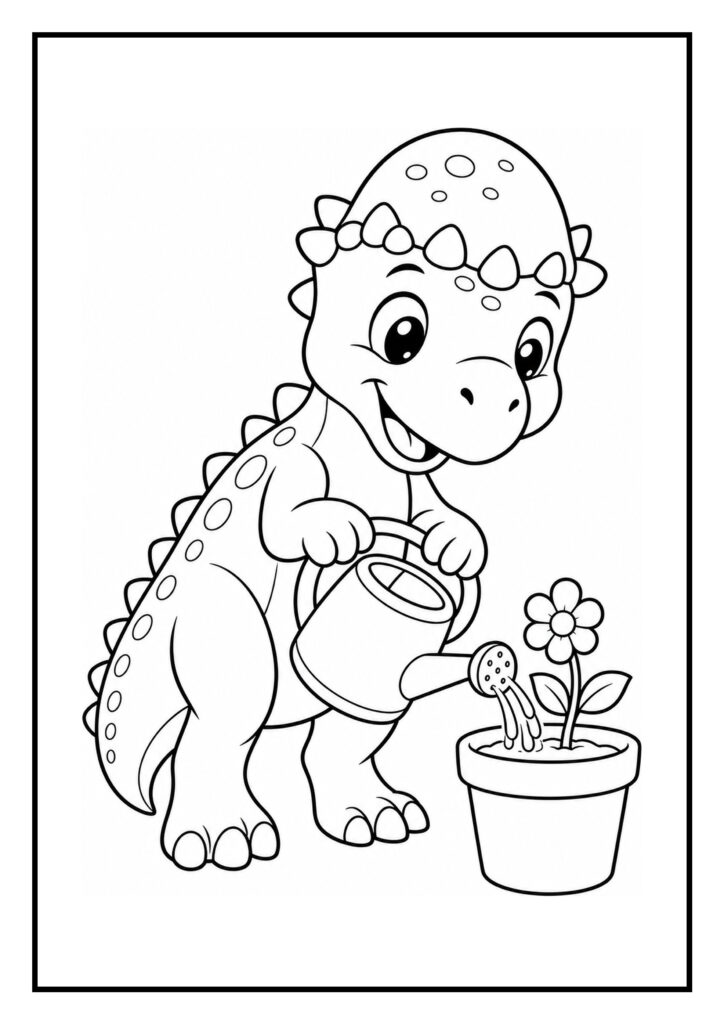 Leuke kleurplaat van een schattige dinosaurus die met een gieter een bloem in een pot water geeft.