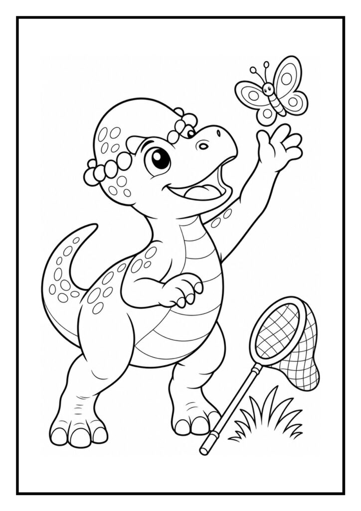 Leuke kleurplaat van een schattige dinosaurus die vrolijk naar een vlinder kijkt met een vangnet ernaast