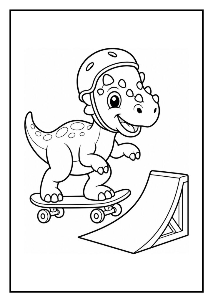 Leuke kleurplaat van een vrolijke dinosaurier die met een helm op skateboardt over een skatebaan.