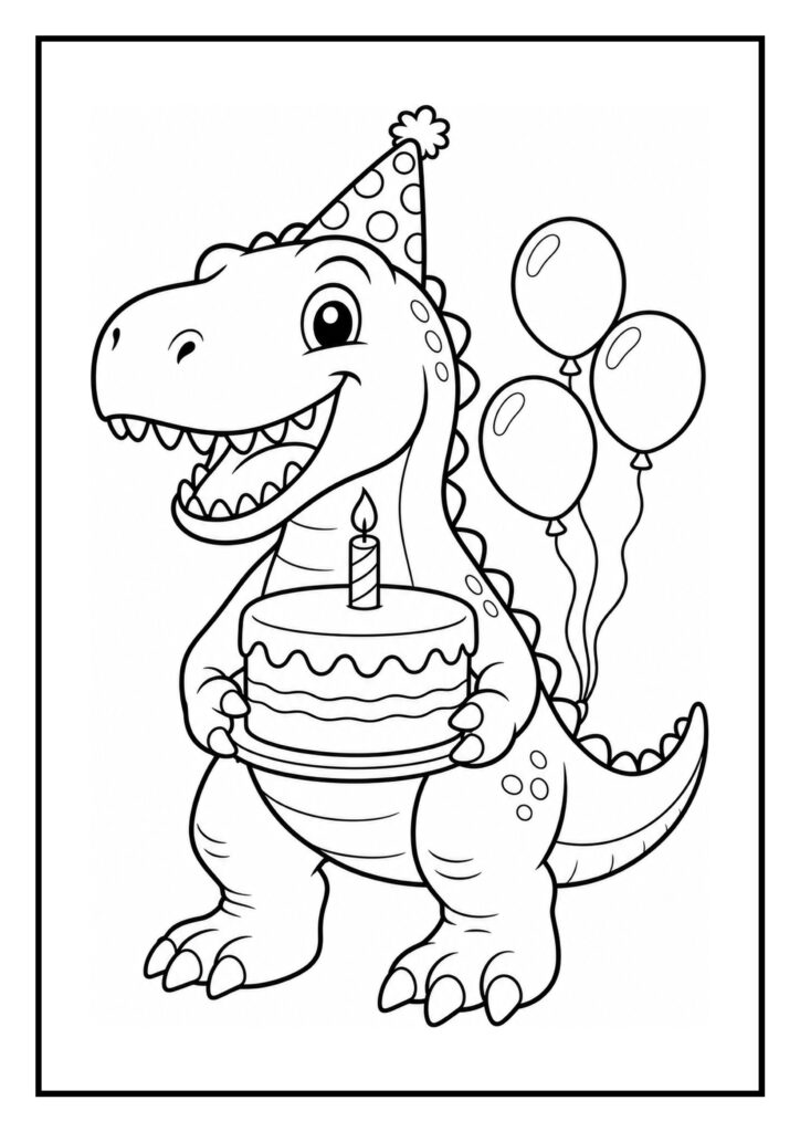 Vrolijke T-Rex kleurplaat met een verjaardagstaart, feestmuts en ballonnen in een feestelijke sfeer.