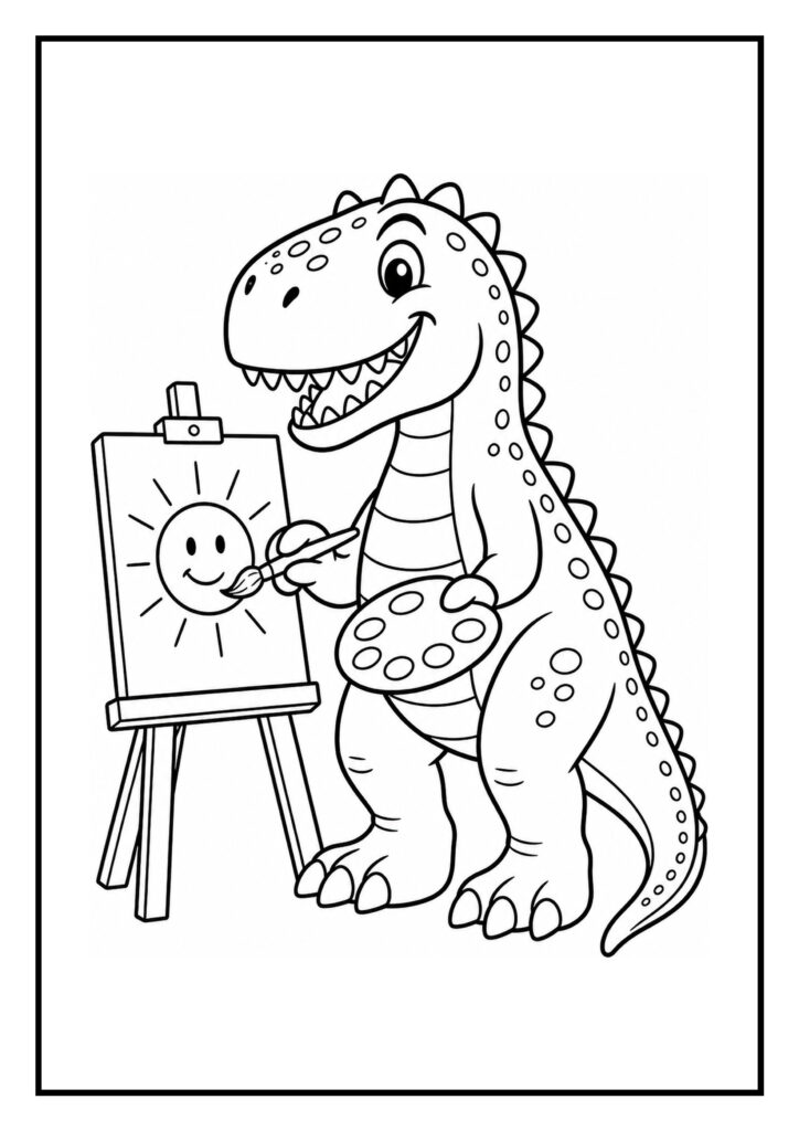 Leuke kleurplaat van een vrolijke T-Rex dinosaurus die een zon schildert