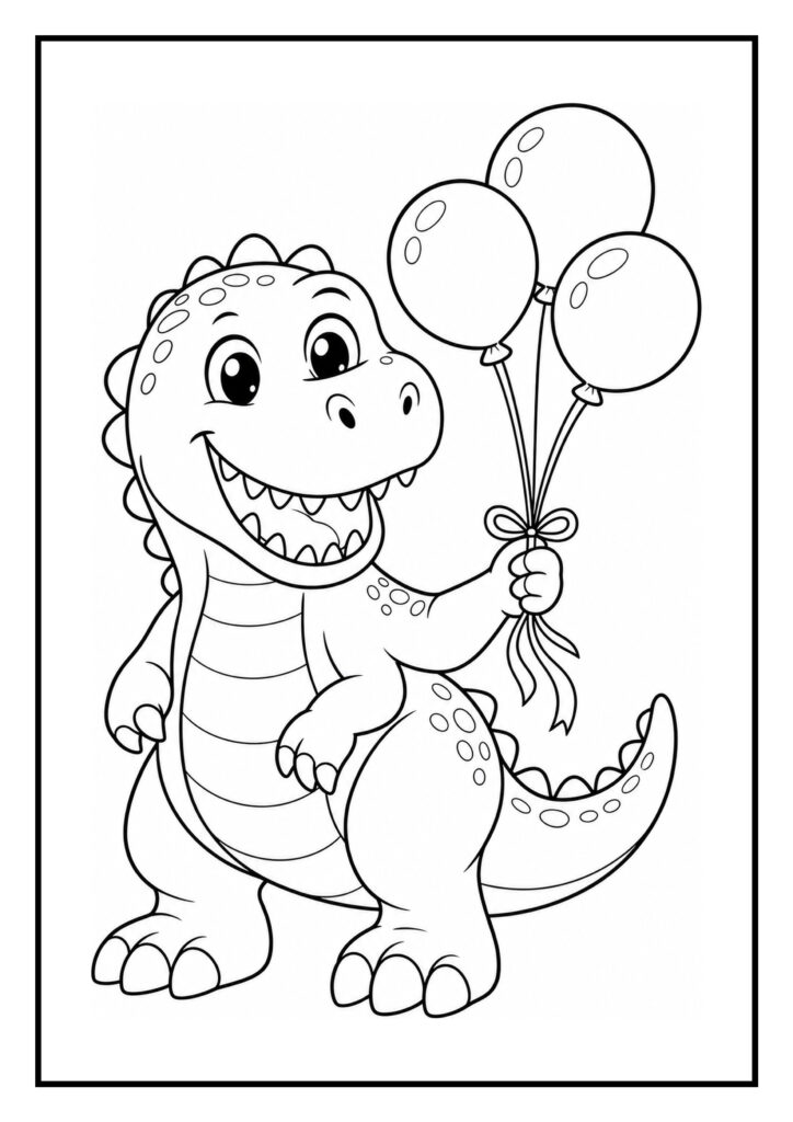 Leuke kleurplaat van een schattige dinosaurus die vrolijk ballonnen vasthoudt.