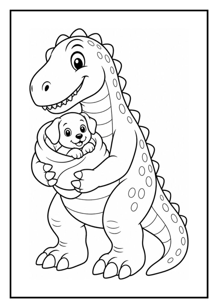 Leuke kleurplaat van een schattige dinosaurus die een puppy knuffelt.