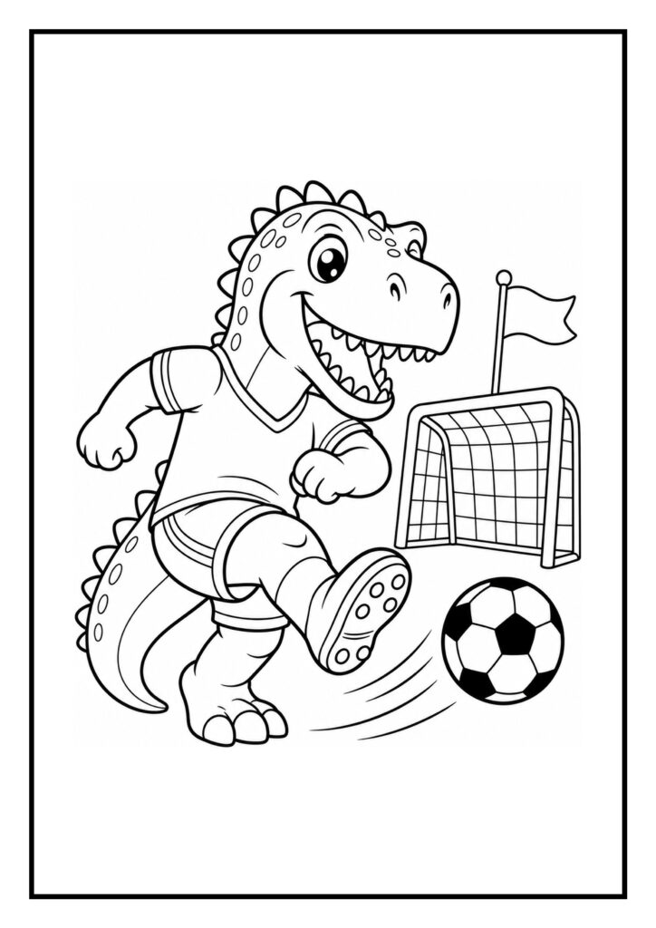 Kleurplaat van een schattige dinosaurus die een voetbal tegen een doel schopt in een vrolijke sportieve scène