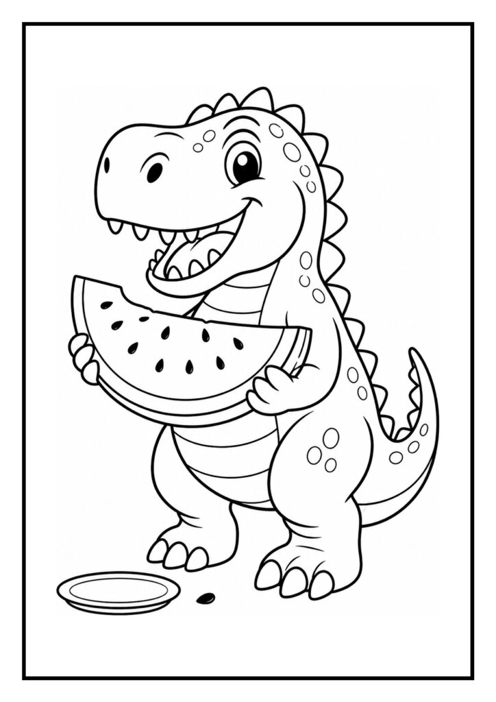 Leuke kleurplaat van een schattige dinosaurus die blij een stuk watermeloen vasthoudt