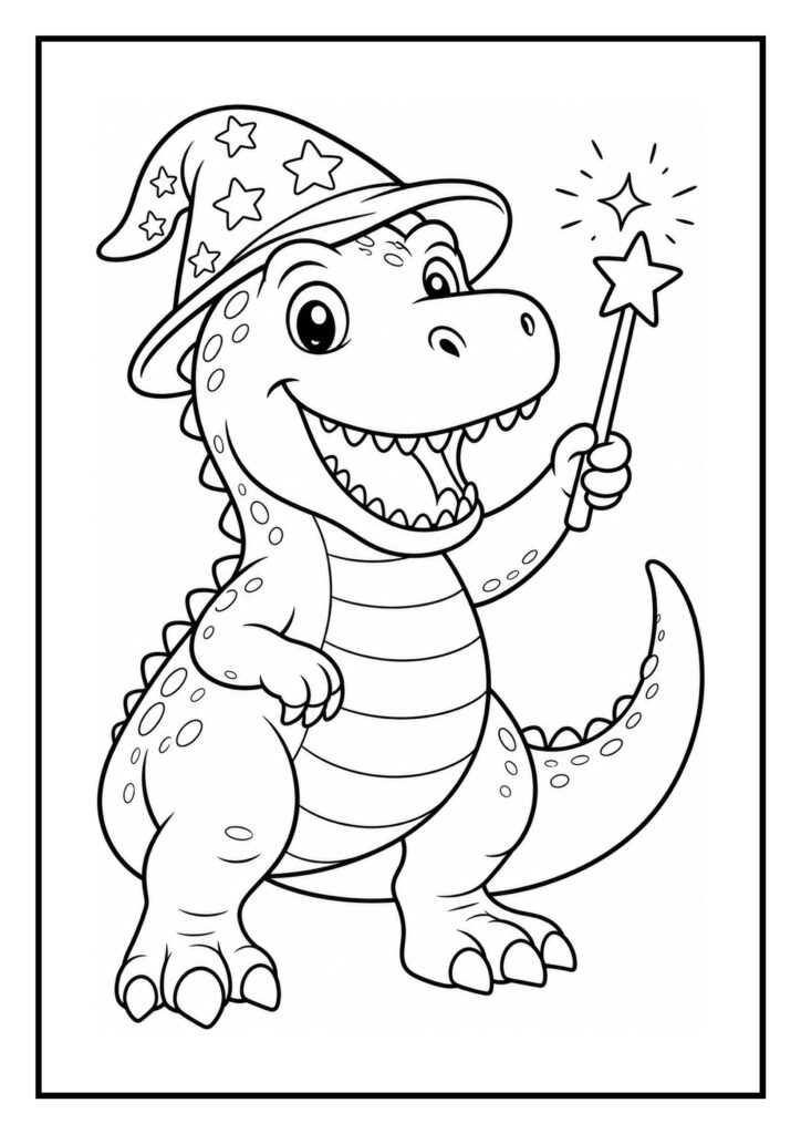 Leuke kleurplaat van een vrolijke dinosaurus met een sterrenslingerhoed en een toverstaf