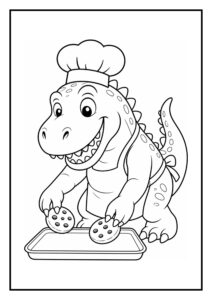 Vrolijke kleurplaat van een dinosaurus als chef die koekjes op een bakplaat legt.