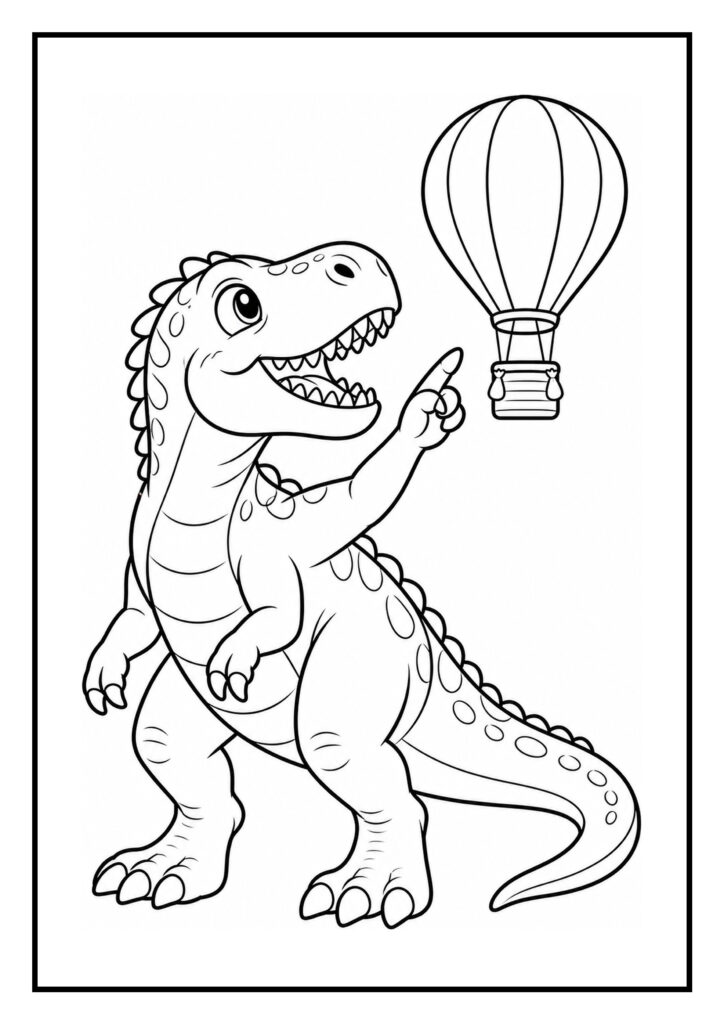Vrolijke T-Rex kleurplaat die naar een luchtballon wijst, geschikt voor jonge kinderen.