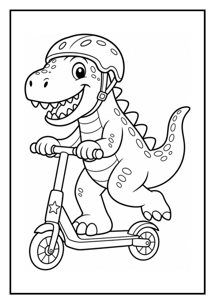 Kleurplaat van een vrolijke giganotosaurus die een helm draagt en op een step staat