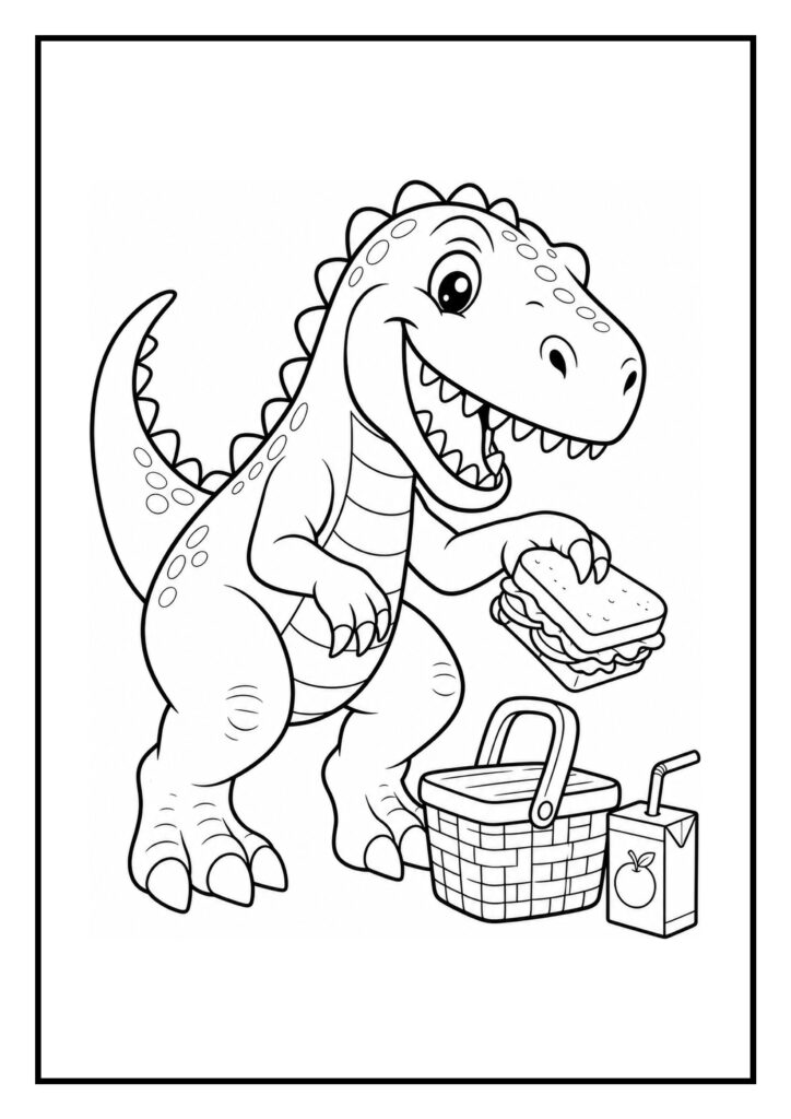 Vrolijke T-Rex kleurplaat die een broodje vasthoudt naast een picknickmand en een sapje